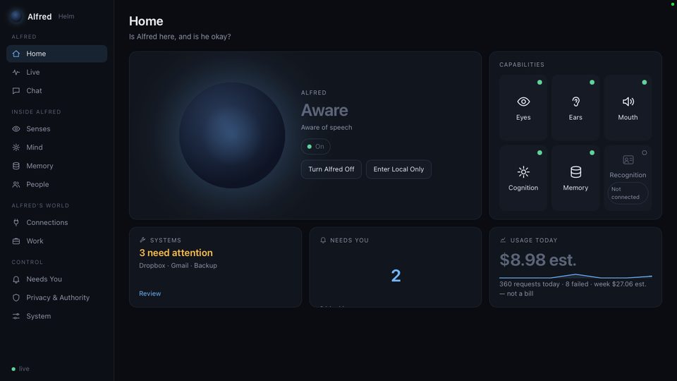 Screenshot of Alfred Helm, the in-development Alfred interface, showing its Home view, navigation and capability panels.