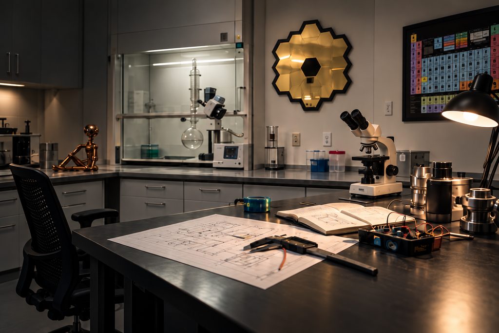 Concept illustration of a research laboratory: a clean research bench and fume hood behind a busy engineering desk with drawings, a microscope and machined fittings.